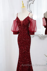 Wine Red Velvet Mermaid Long Party Dresses, Wine Red Vekvet Evening Prom Dresses